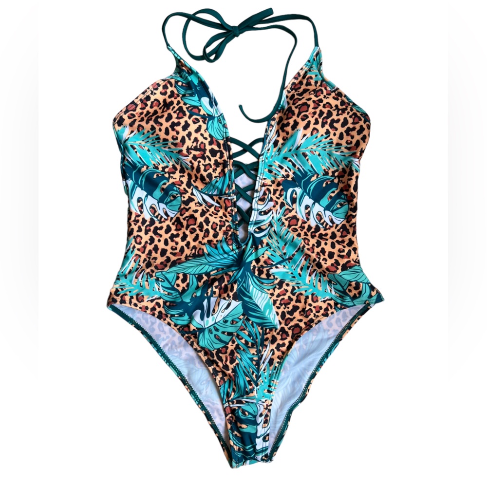 New Blue and Tan One Piece Halter Swimsuit Sz S